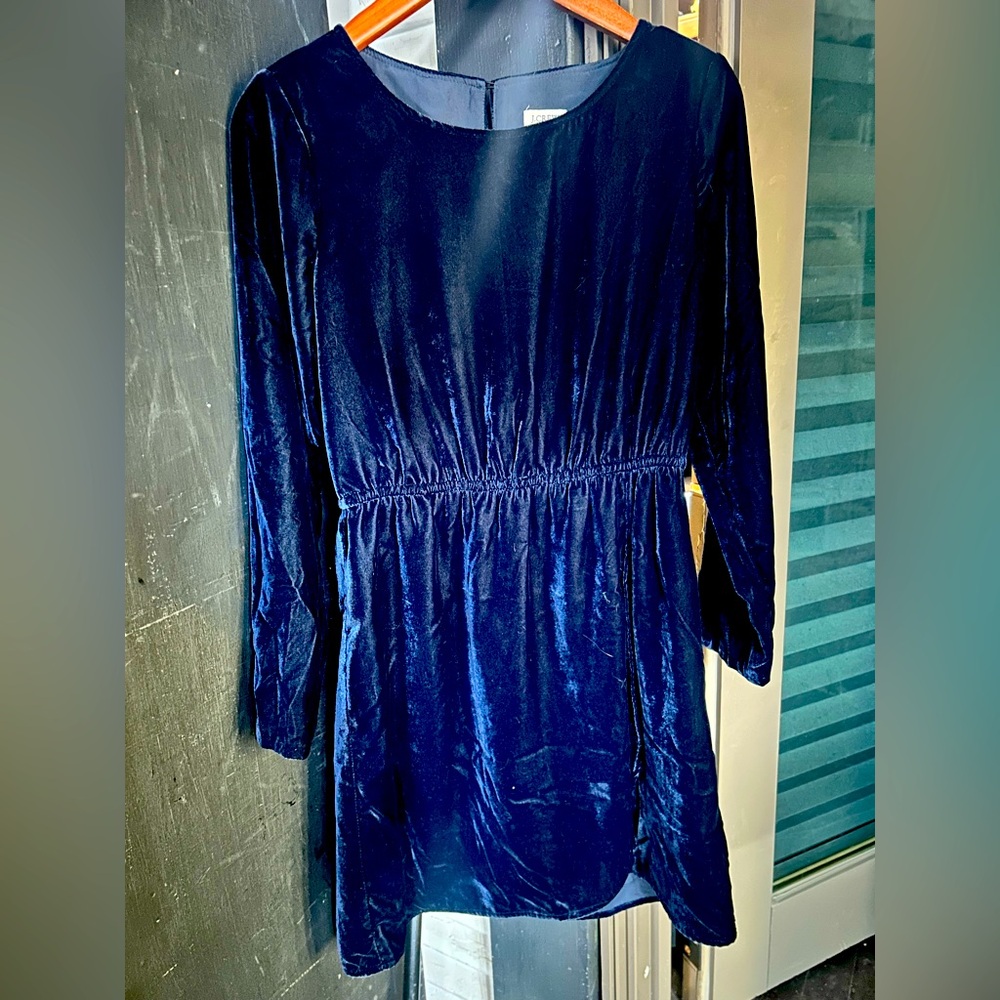 Jcrew blue velvet long sleeve mini dress